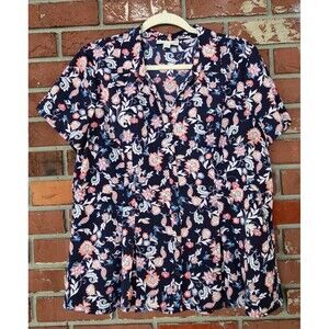 Dana Buchman Size XL Navy Multi Color Floral Short Sleeve Button Down Comfy EUC